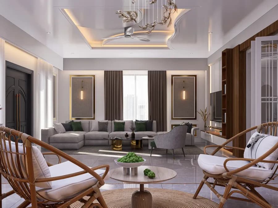 Modern duplex house with double-height living room