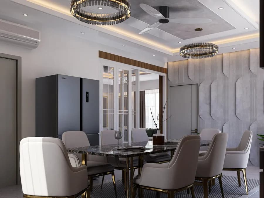 Duplex living and dining interior with wall texture designs