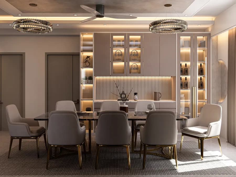 Duplex dining area with neutral color palette