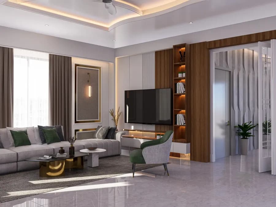 Duplex living room interior featuring soft neutral tones