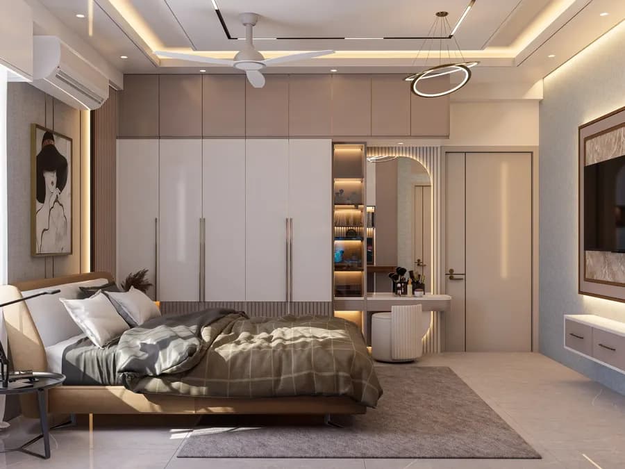 Bedroom with integrated wardrobe and TV unit