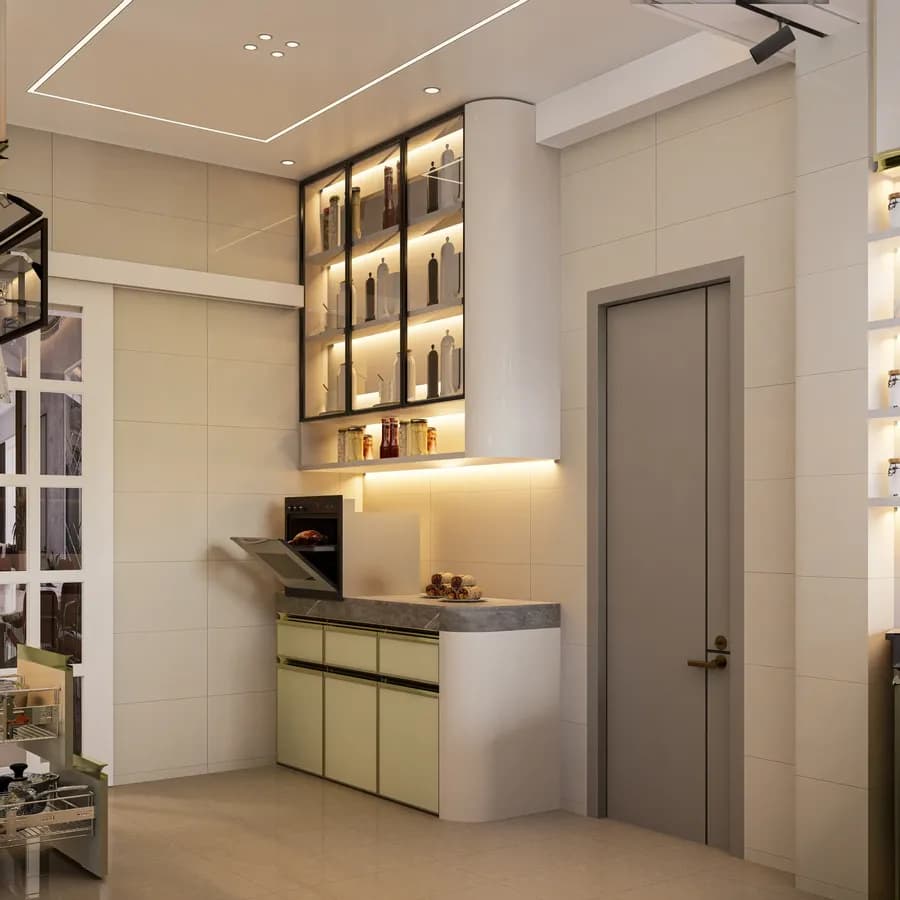 Luxury kitchen interior with glossy white cabinets