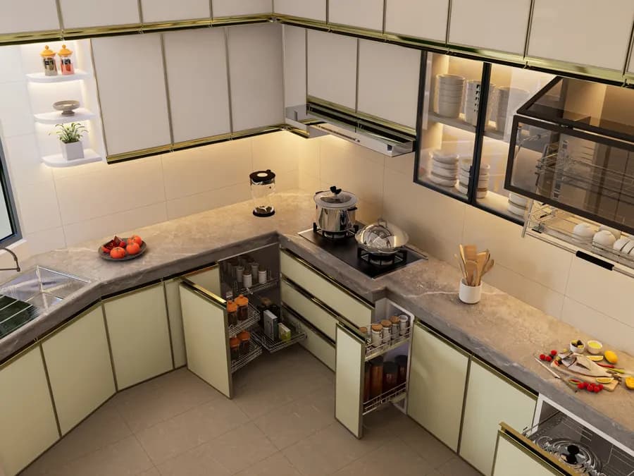 Duplex house kitchen cabinet interior setup