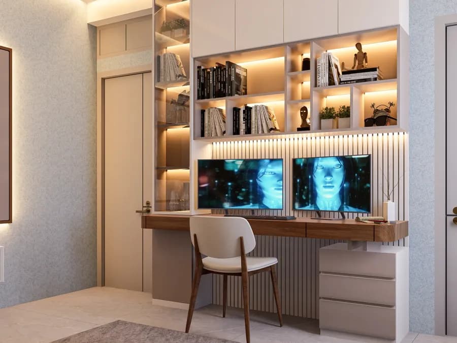 Modern duplex bedroom interior with neutral tones