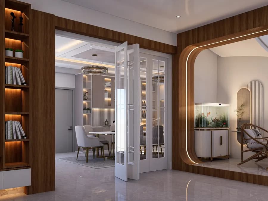 Duplex living area with smart partition and dining setup