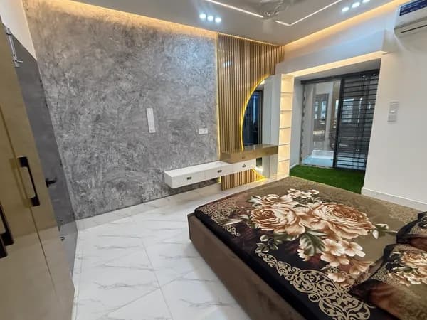High-end bedroom design with marble headboard