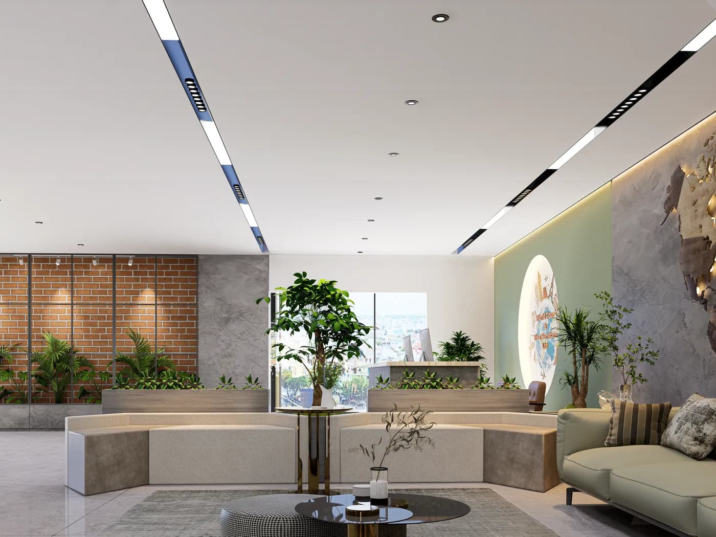 Vibrant tours and travels office with thematic wall design