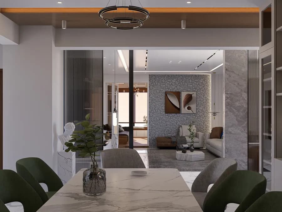 Modern open-plan living and dining space interior design in a 2350 sq ft Bangladesh home