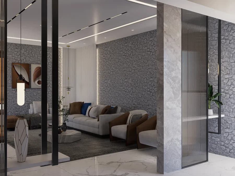Contemporary living room with grey textured feature wall and marble flooring