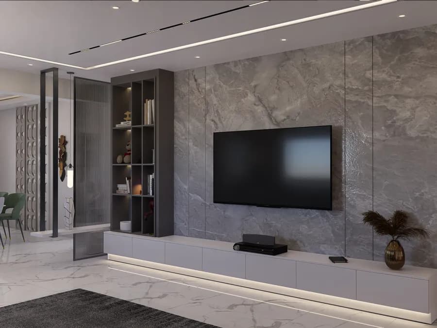 Marble TV feature wall with wall-mounted television and recessed lighting