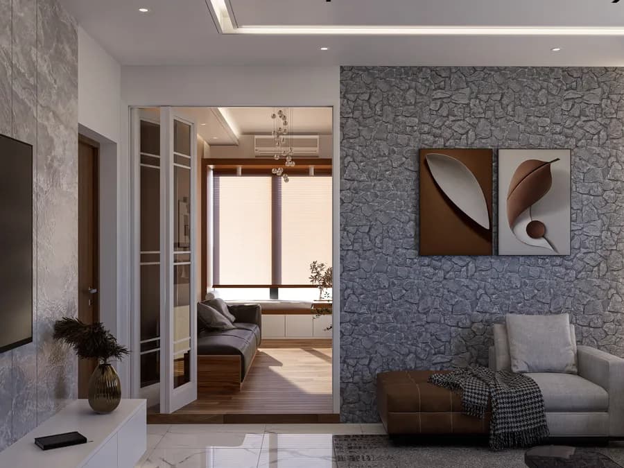 Minimalist apartment living space with modern furniture