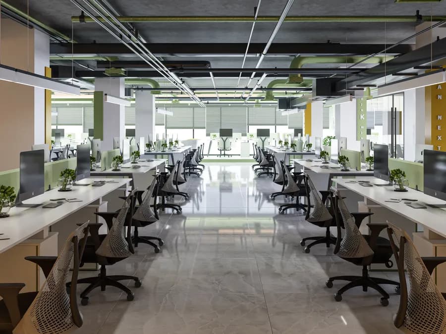 Open plan corporate office interior with smart zoning and industrial ceiling in Badda Dhaka