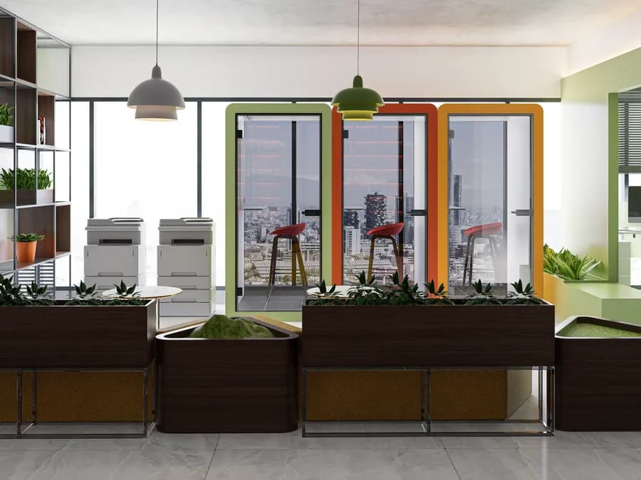 Office library and reading zone with wooden bookshelves and warm lighting