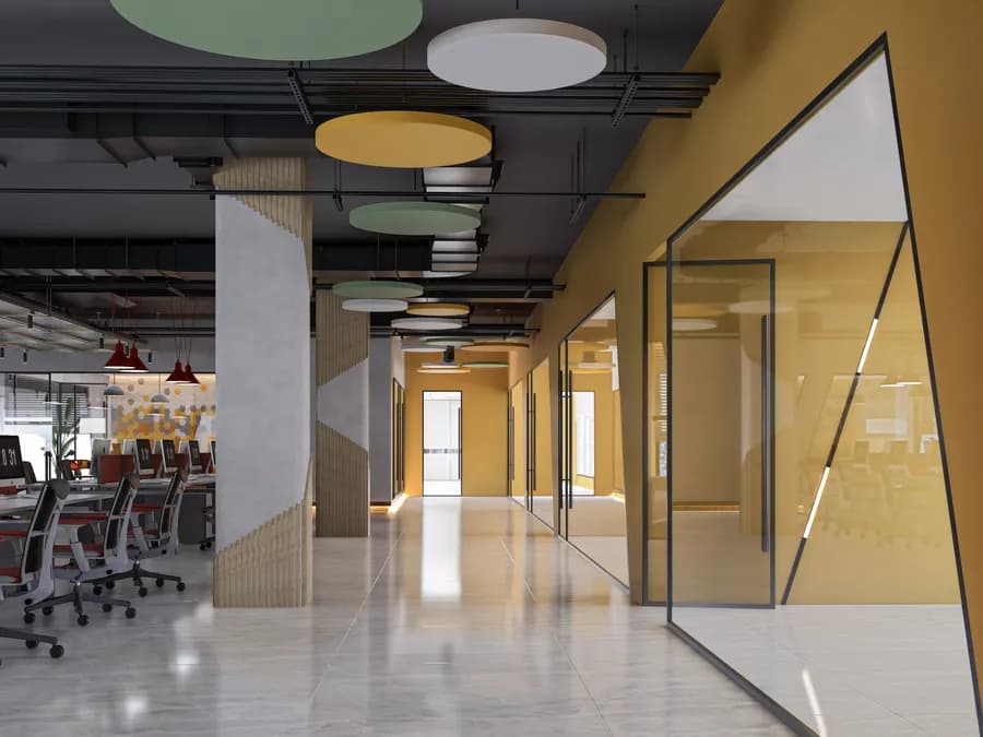 Corporate workspace featuring brand colors