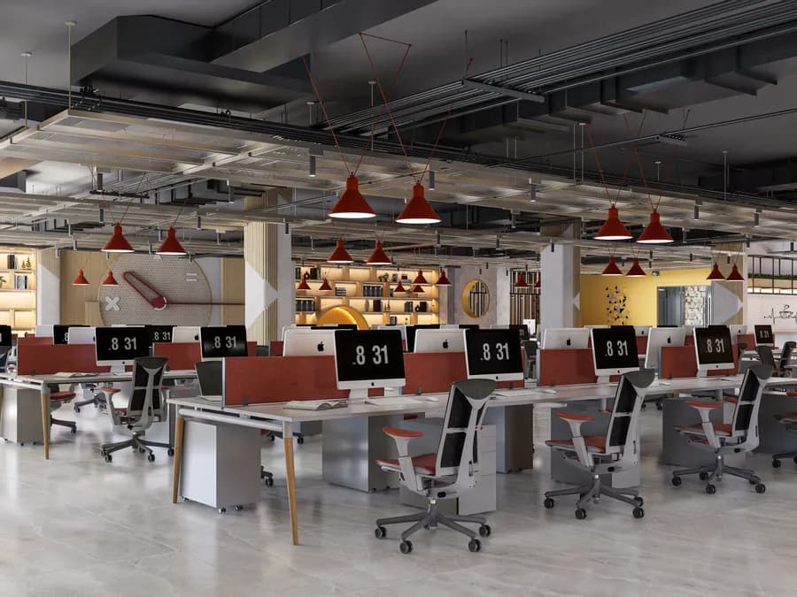 Open-concept office interior with workstations