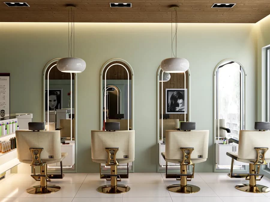 Contemporary beauty salon with mirrors and workstations