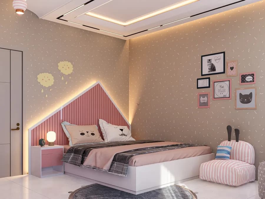 Girls bedroom interior design with bright colors and décor