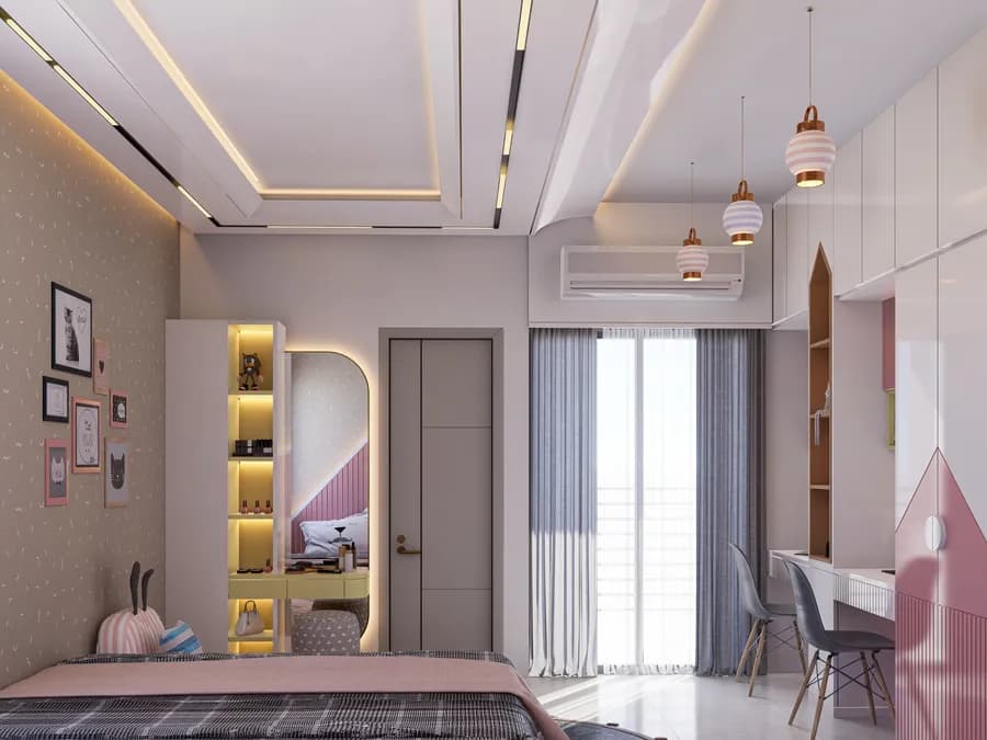 Luxury kids bedroom with stylish lighting and storage