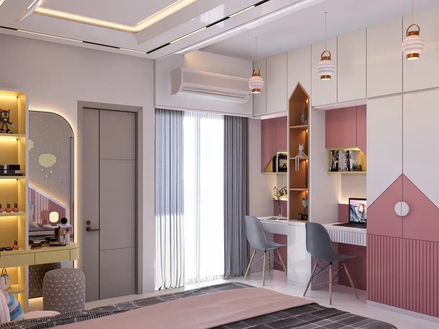Child bedroom design with study desk and reading area in Bangladesh