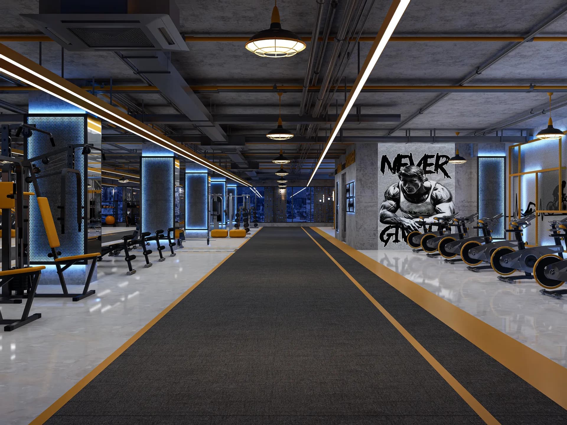 Fitness center interior with motivational decor