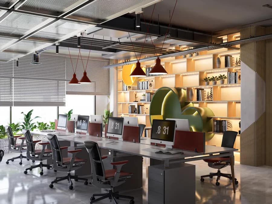 Office interior featuring modern workstation setup