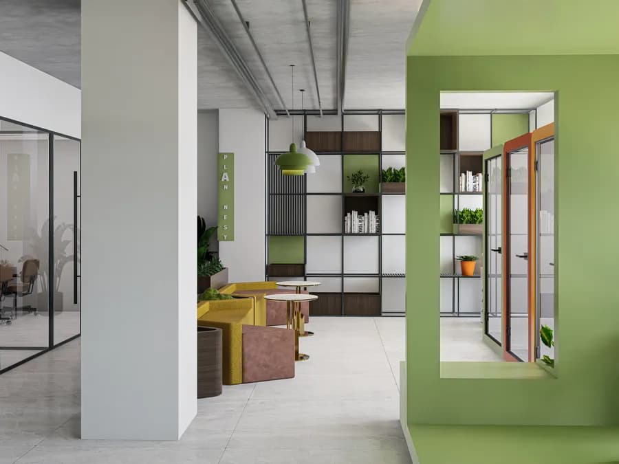 Corporate headquarters interior with open work zones