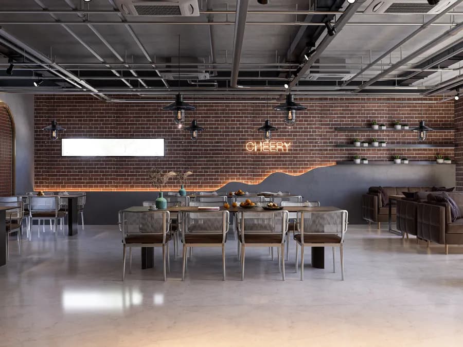 Contemporary café interior with wooden furniture and greenery