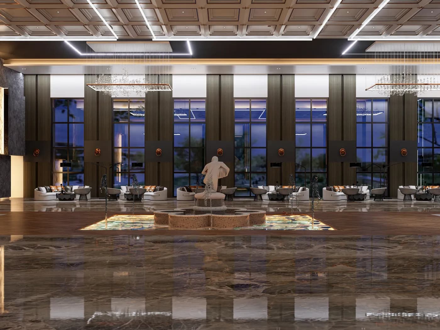 Premium hospitality lounge interior with elegant lighting design