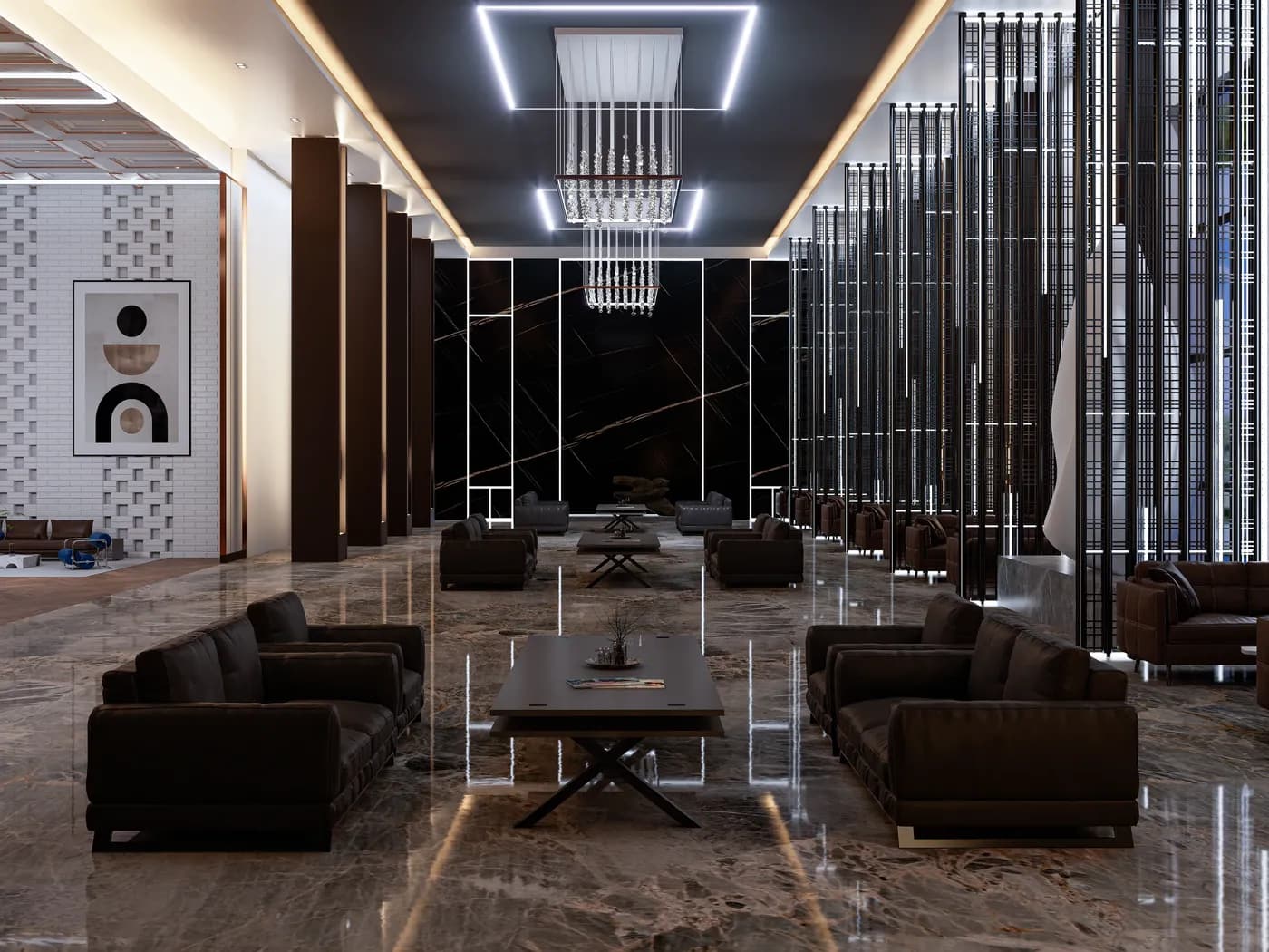 Spacious 5 star hotel lounge design with ambient lighting