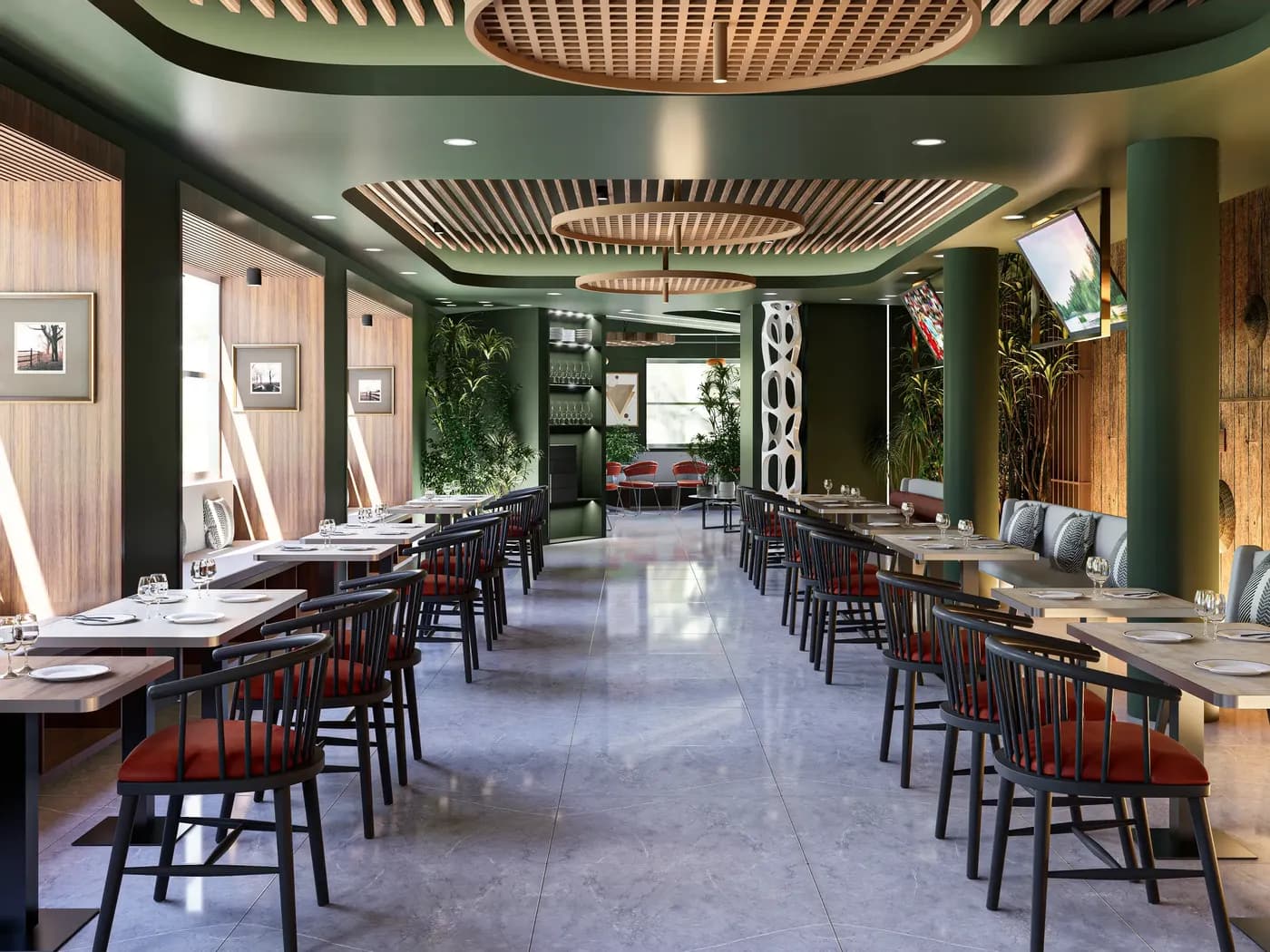Contemporary café interior with wooden furniture