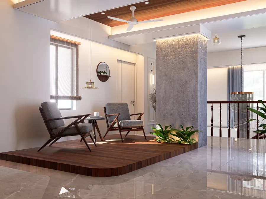 Duplex living room design with wooden flooring