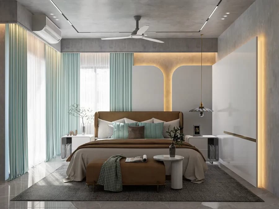 Soft pastel tone bedroom interior design