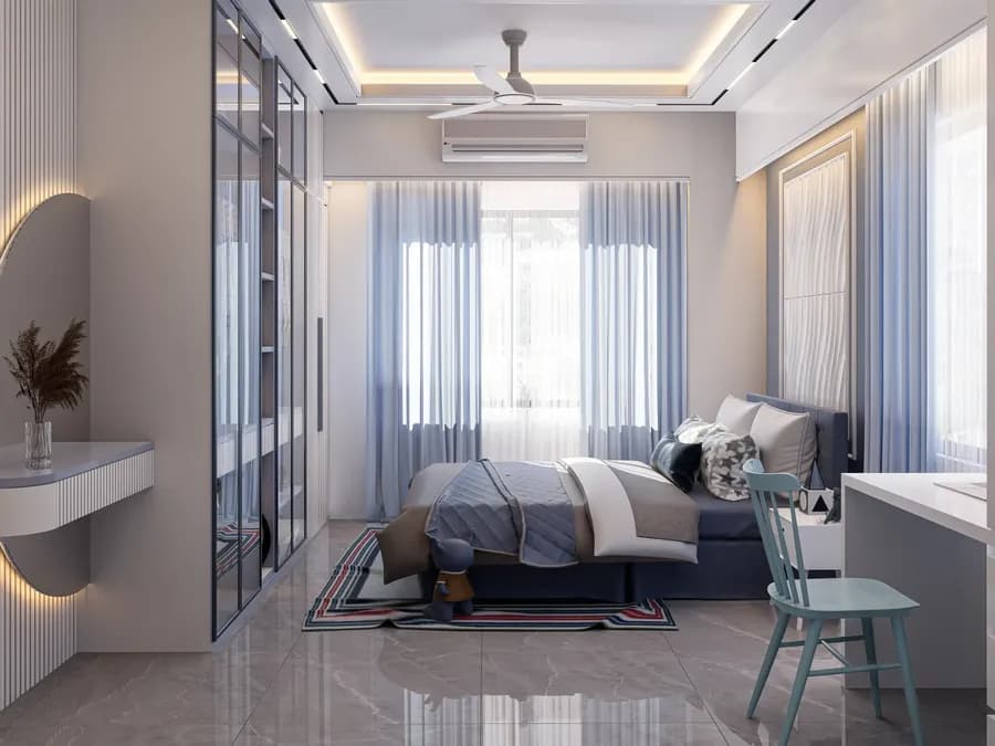 Wooden finish bedroom interior with modern look