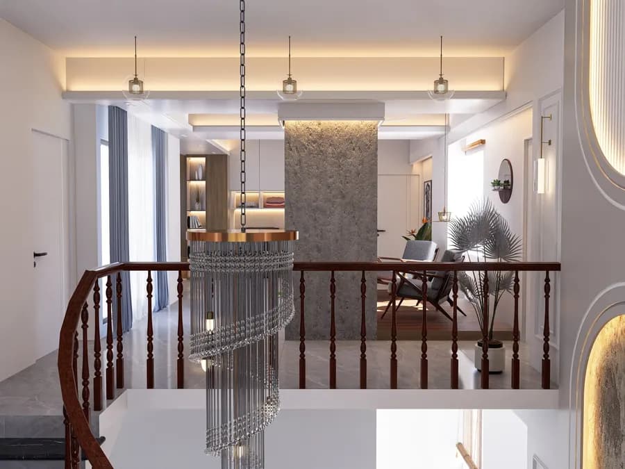 Elegant duplex stair area with pendant lighting