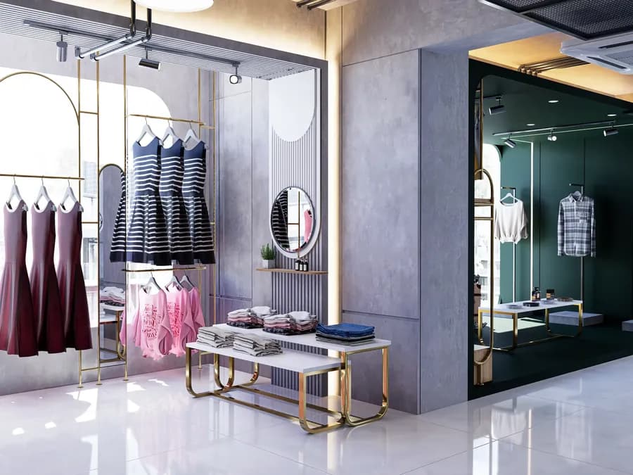 Trendy fashion showroom interior with mirror walls