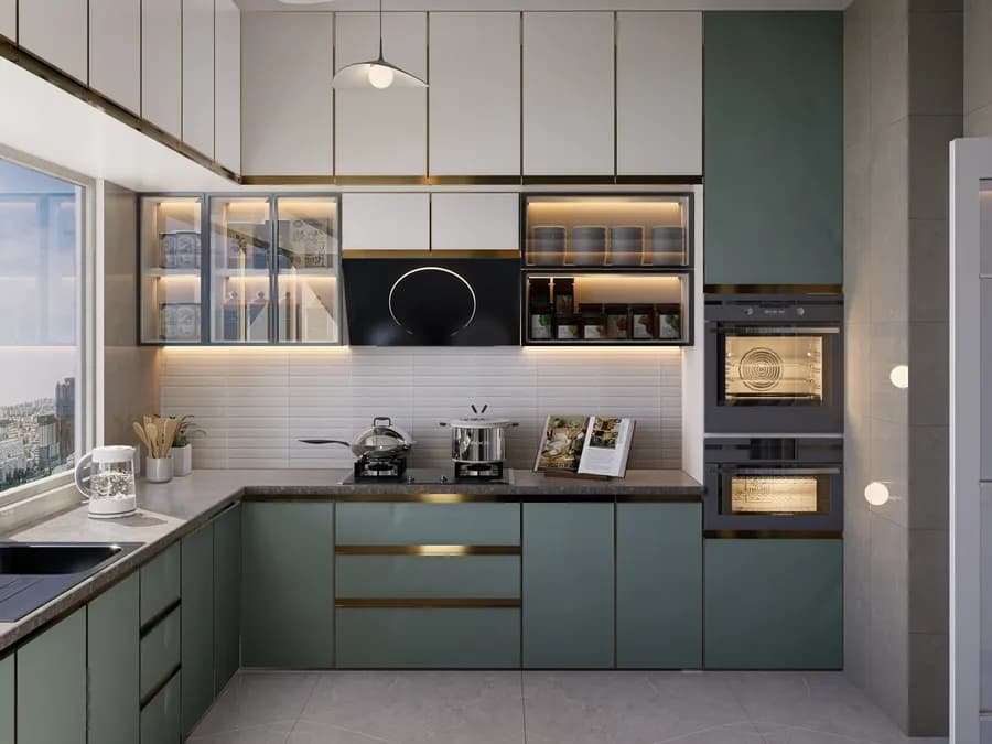High-gloss kitchen cabinets with LED lighting