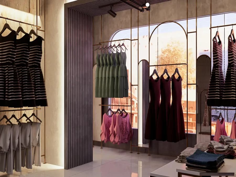 Luxury fashion showroom interior with modern display racks