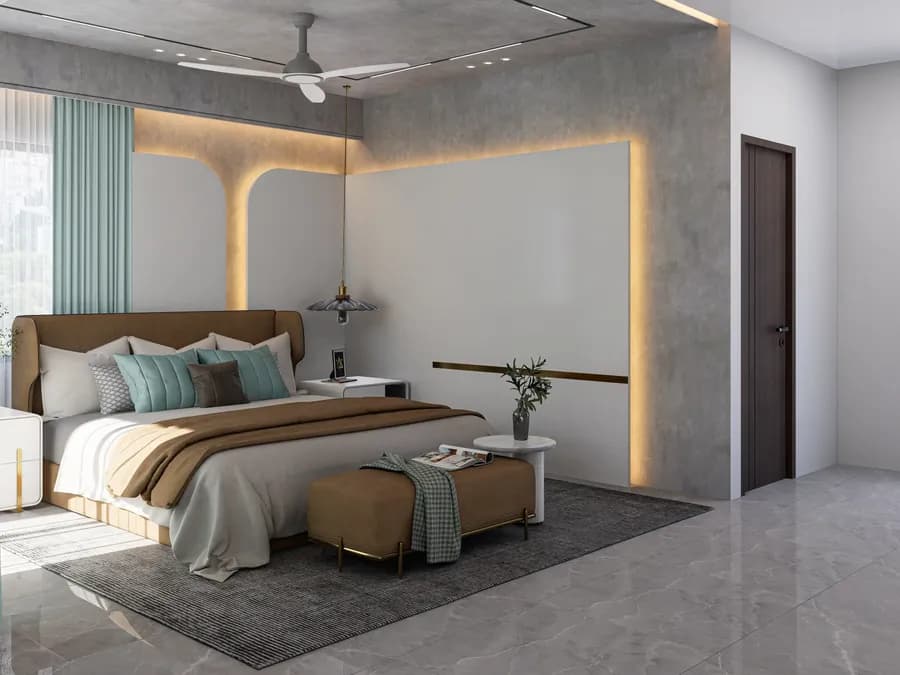 Modern bedroom interior with creative wallpaper