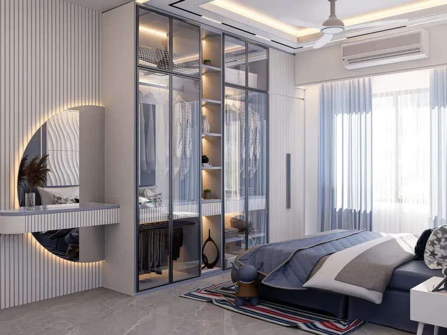 Stylish bedroom interior with soft furnishing