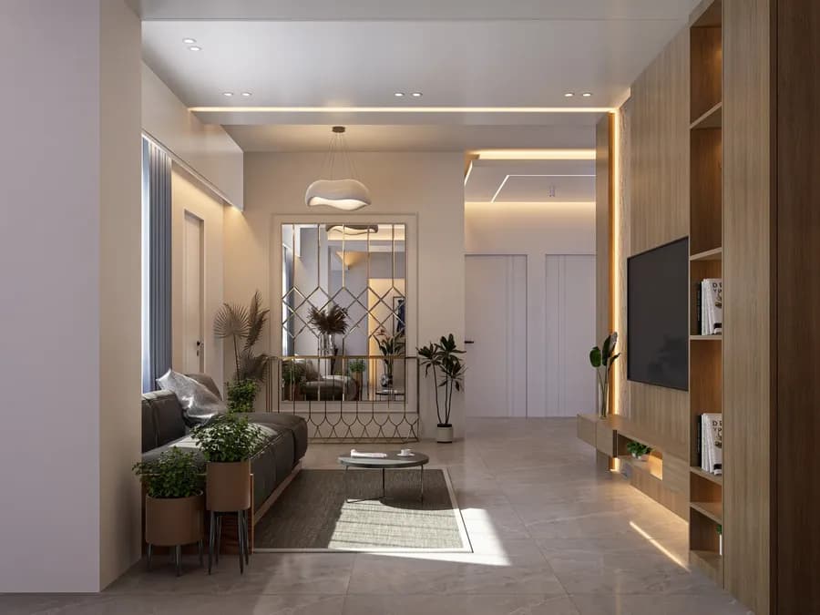 Duplex living room interior featuring soft neutral tones