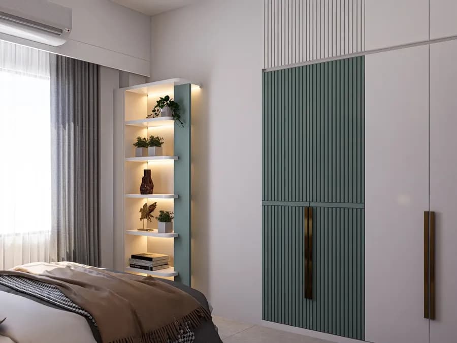 Minimalist bedroom interior with warm lighting