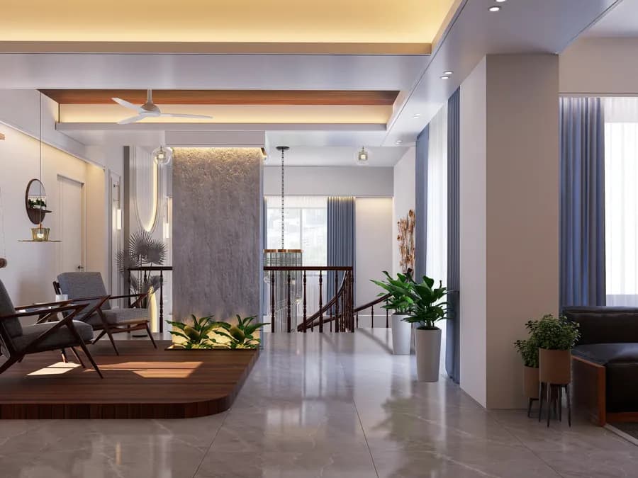 Spacious duplex living and dining interior with decor elements