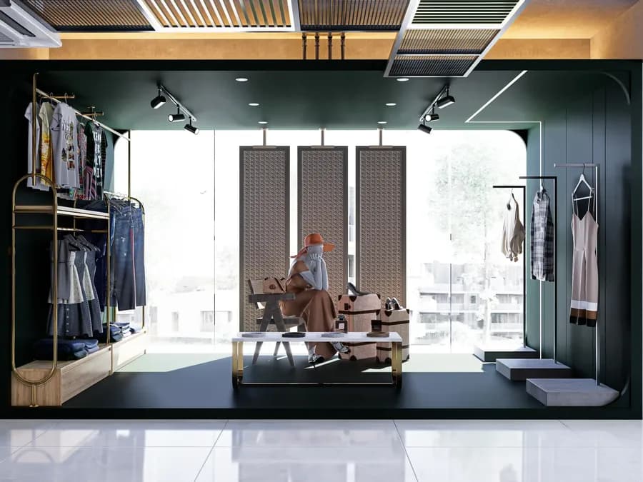 Modern fashion boutique design with neutral color scheme