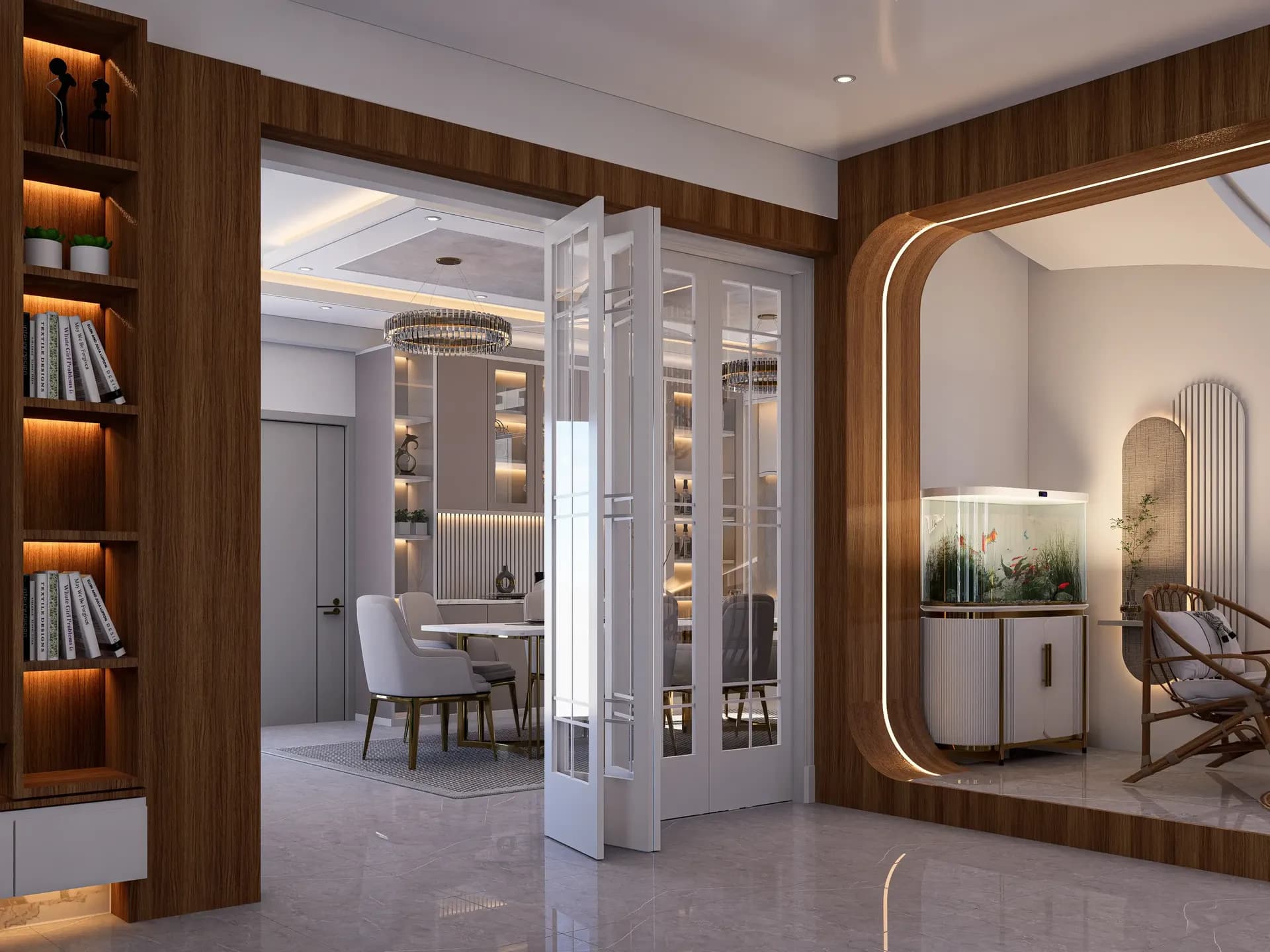 Duplex living area with smart partition and dining setup