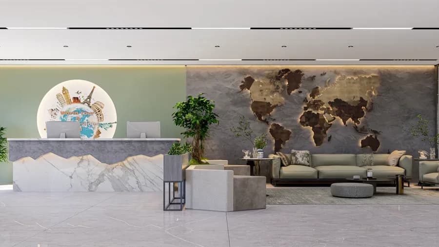 Elegant travel agency workspace with contemporary furniture
