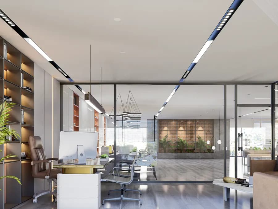 Stylish travel consultancy office with wooden textures