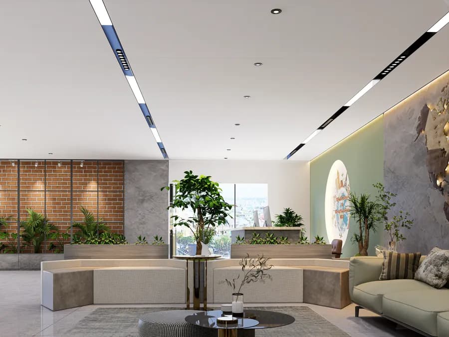 Vibrant tours and travels office with thematic wall design