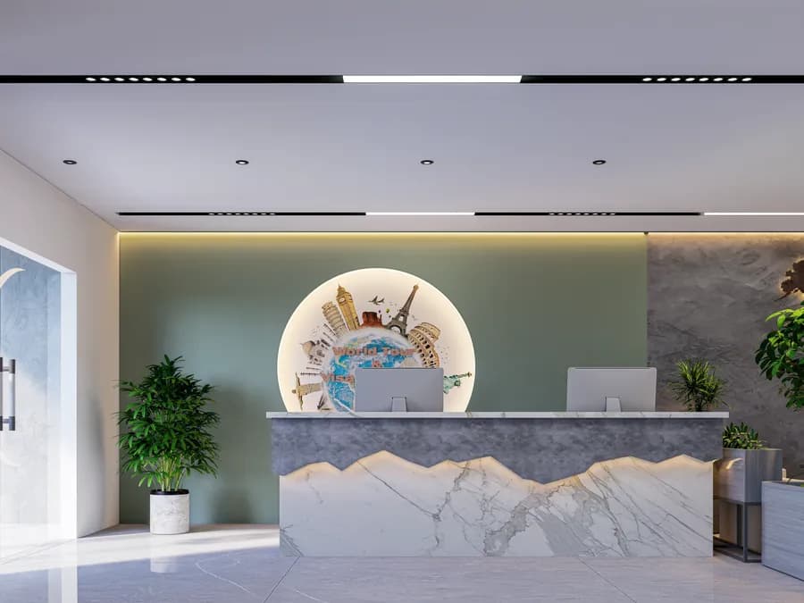 Professional travel office interior with branding elements