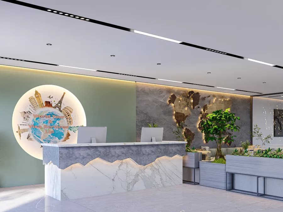 Reception area of a modern travel agency in Dhaka