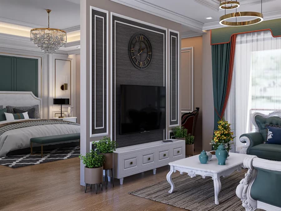 Elegant master bedroom with upholstered headboard and warm tones